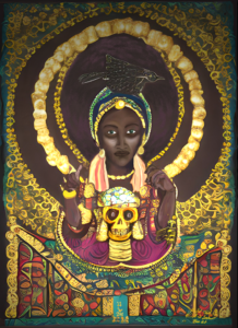 Morbid Greeting Card, a woman with a very big afto with a halo around it sits with her hands hovering above a stylized skull on a stand with purple cloth draped around it. She has a black bird, something between a crow and a guinea fowl sitting on her head. The style is reminiscent of church icons.