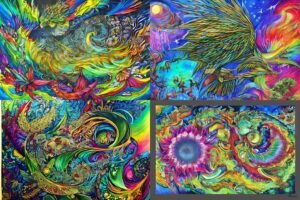 I thanked an AI art generator (Dawn AI) for helping me with my art. It said "your welcome" I think. It gave me four images: top left swirls of flowers butterflies and mushrooms, top right a winged thing made of wings and swirling rainbows, bottom left, lacy swirls rainbows and stars, bottom right swirls and a flower with an opalescent center that looks like someone is kissing from behind frosted glass.