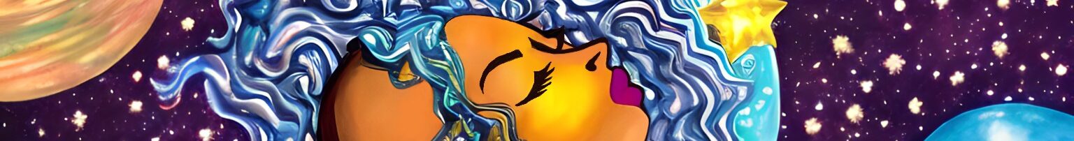 Head in the Galaxy by Nicole T. Lasher, a partially AI assisted digital drawing of a woman with water for hair, wearing a half crown made of aquamarine, with a stylized space scene in the background.