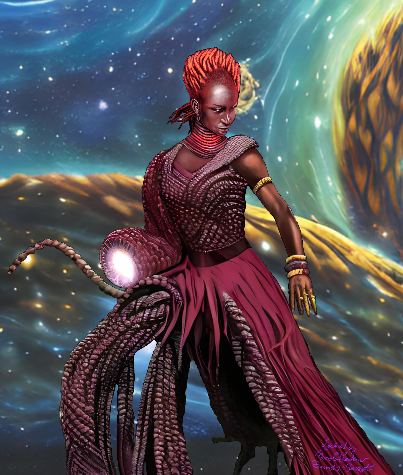 Locked, artwork with a woman with red dreadlocks, a biomechanical right arm and legs, standing in a spacey background.