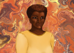 Bertha, a woman with curly black hair with reddish highlights, wearing a yellow long sleeved shirt and loose pants. She leans on a cane with her right hand. The background is abstract, firey swirls.