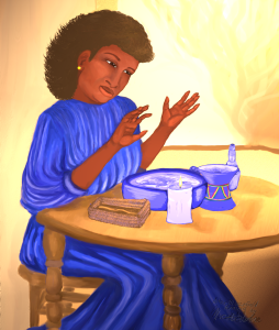 Altar Blue and God, a woman sitting at her altar, a wooden table with a bowl, a basket with a wand, a light blue candle, a bottle of holy water, and a censer. She is wearing a long, draped royal blue dress, a gold stud earring, and has a medium thickness mass of dark, curly hair. In the background is an abstract painting of seaweed.